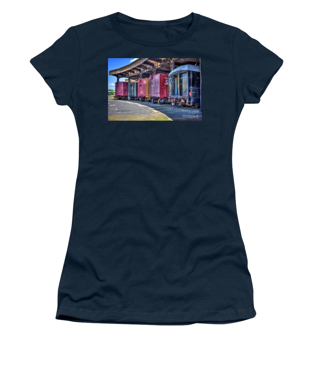 Reid Callaway Roundhouse Art Women's T-Shirt featuring the photograph End Of The Track Train Cars Central Of Georgia Rail Road Art by Reid Callaway