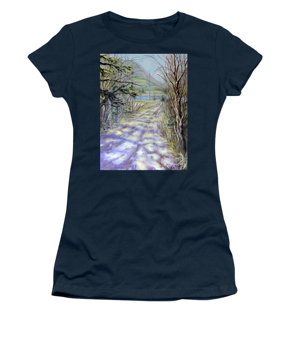 Estuary Sky Water Trees Bushes Branches Evergreens Mountains Road Path Landscape River Grasses Yellow Brown Green Blue White Purple Orange Sunlight Shade Shadows Women's T-Shirt featuring the painting End Of Winter by Ida Eriksen