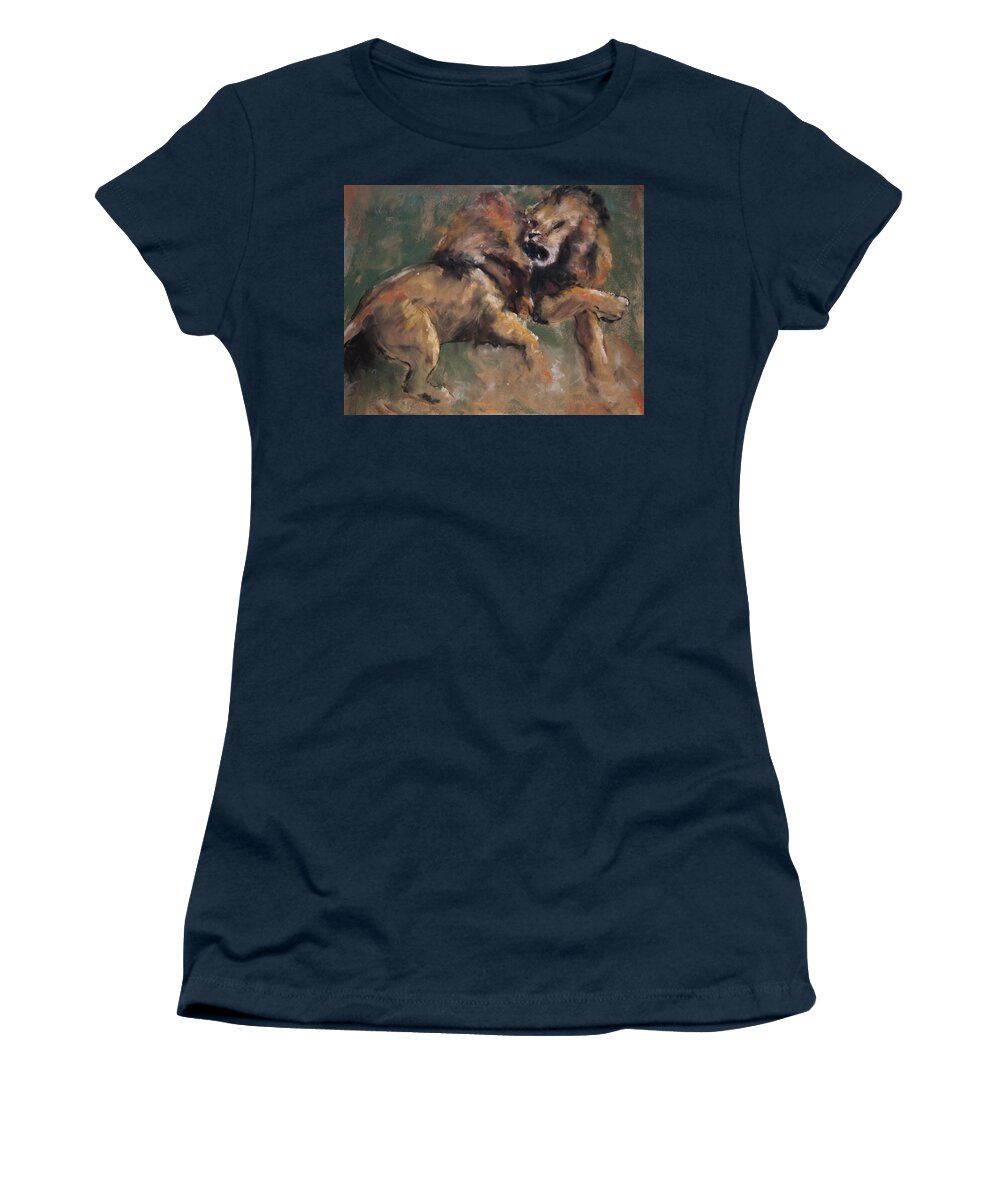 Lions Women's T-Shirt featuring the pastel 'Establishing Position' by Jim Fronapfel