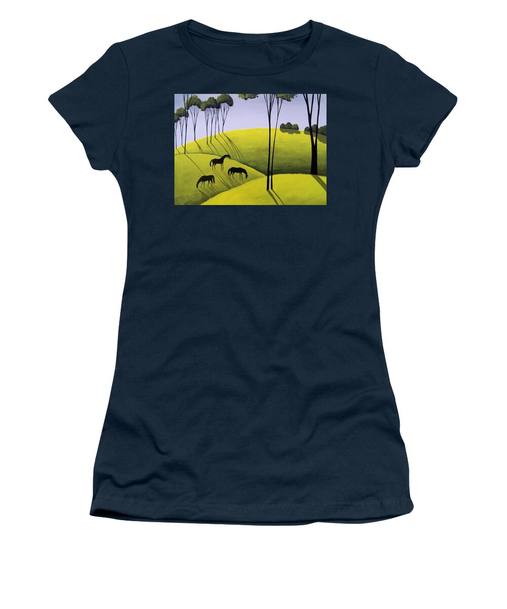 Art Women's T-Shirt featuring the painting Evening Shadows - country landscape horses by Debbie Criswell