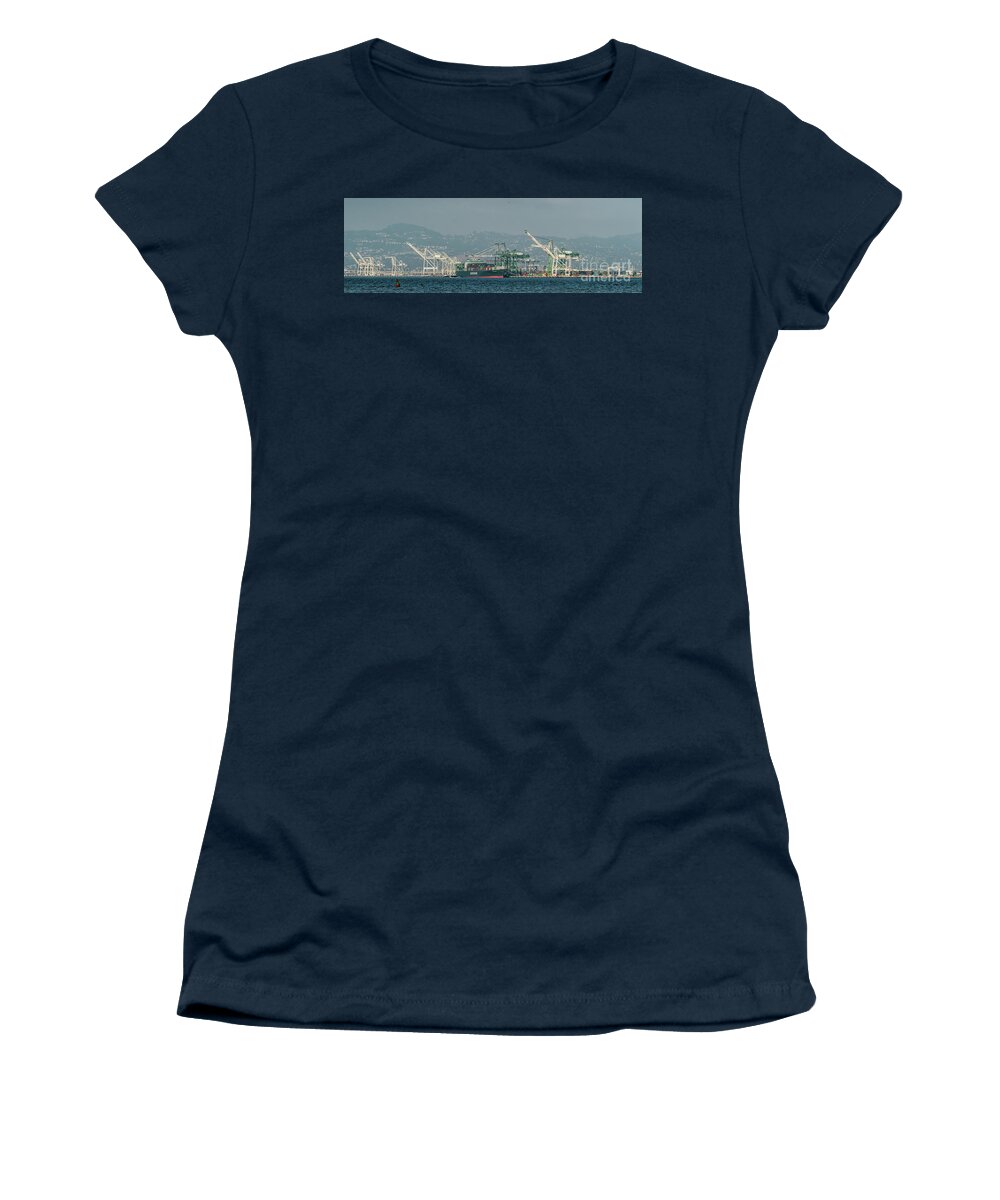 Evergreen Women's T-Shirt featuring the photograph Evergreen Freight Ship and Cargo in Port of Oakland, California by David Oppenheimer