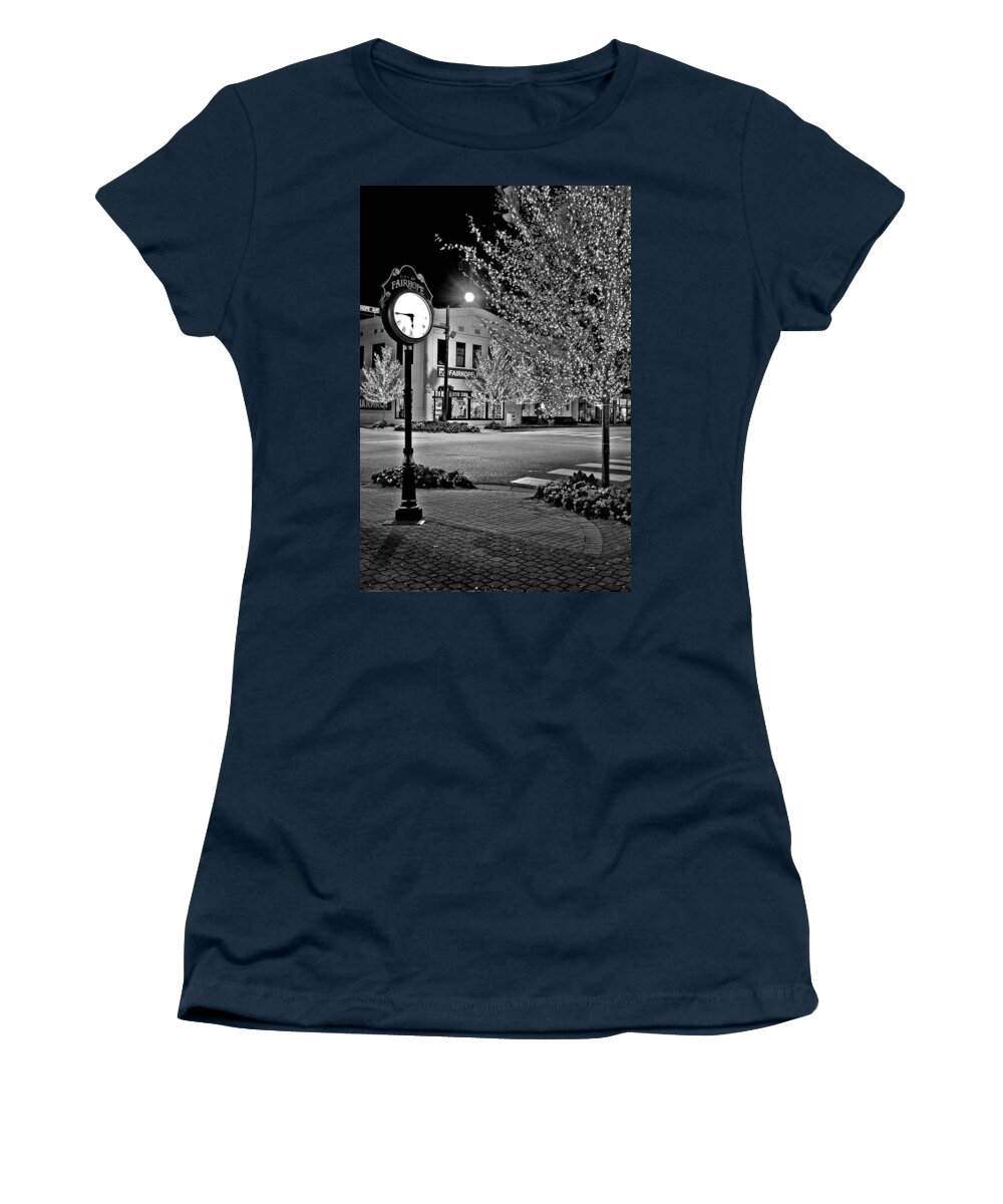 Palm Women's T-Shirt featuring the photograph Fairhope Alabama Clock Night Lights by Michael Thomas
