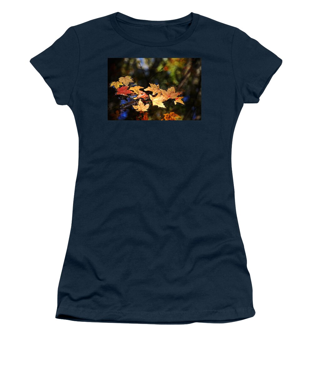 Maple Leaves Women's T-Shirt featuring the photograph Fallen Leaves On Pond by Debbie Oppermann