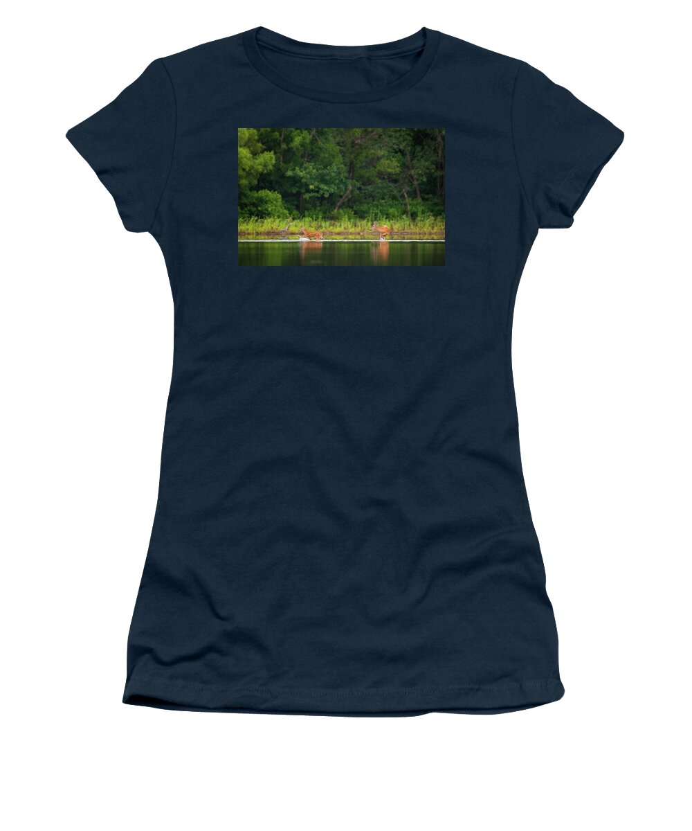 Pomona Lake Women's T-Shirt featuring the photograph Fawn Splashing by Jeff Phillippi