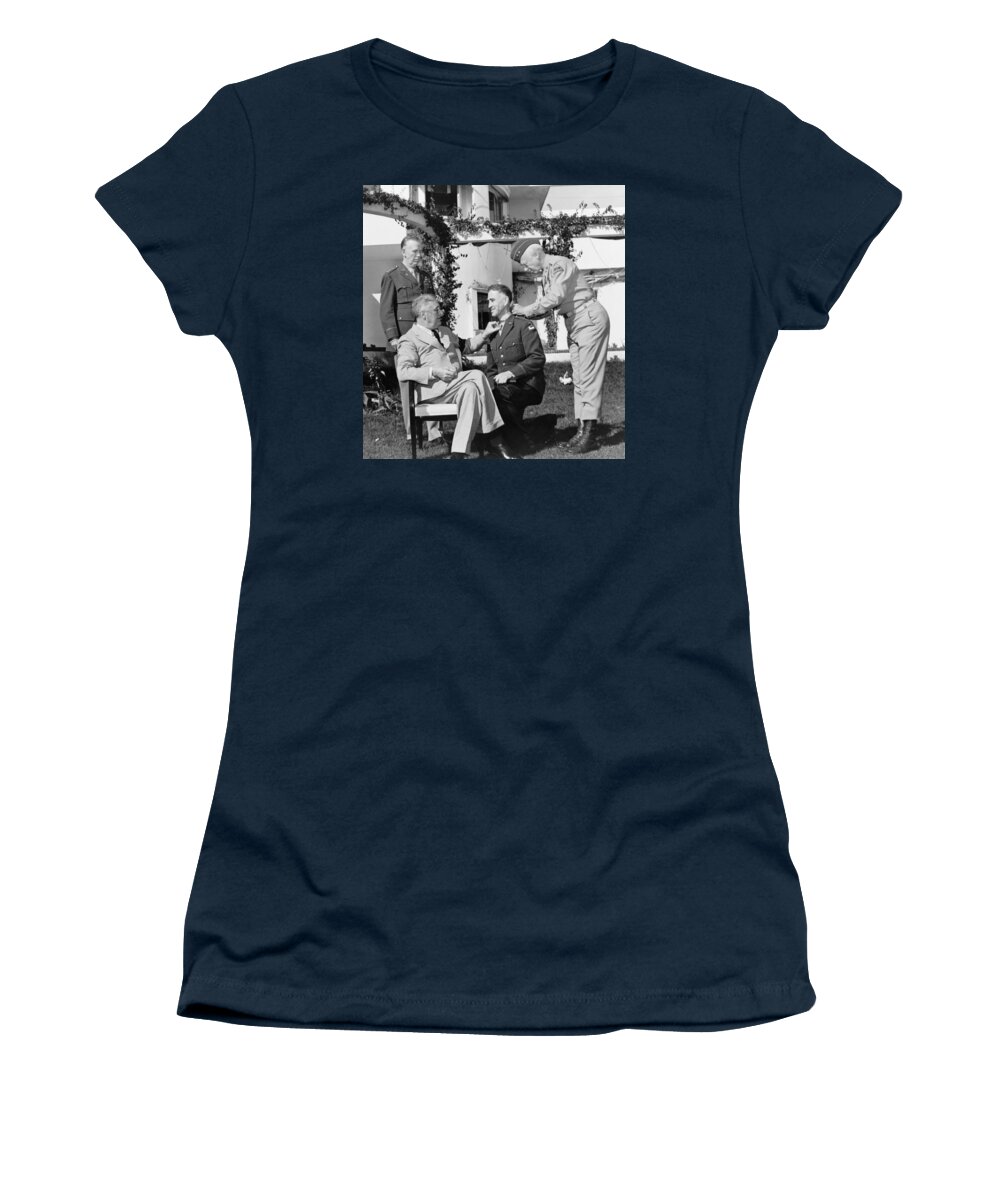Franklin Roosevelt Women's T-Shirt featuring the photograph FDR Presenting Medal Of Honor To William Wilbur by War Is Hell Store