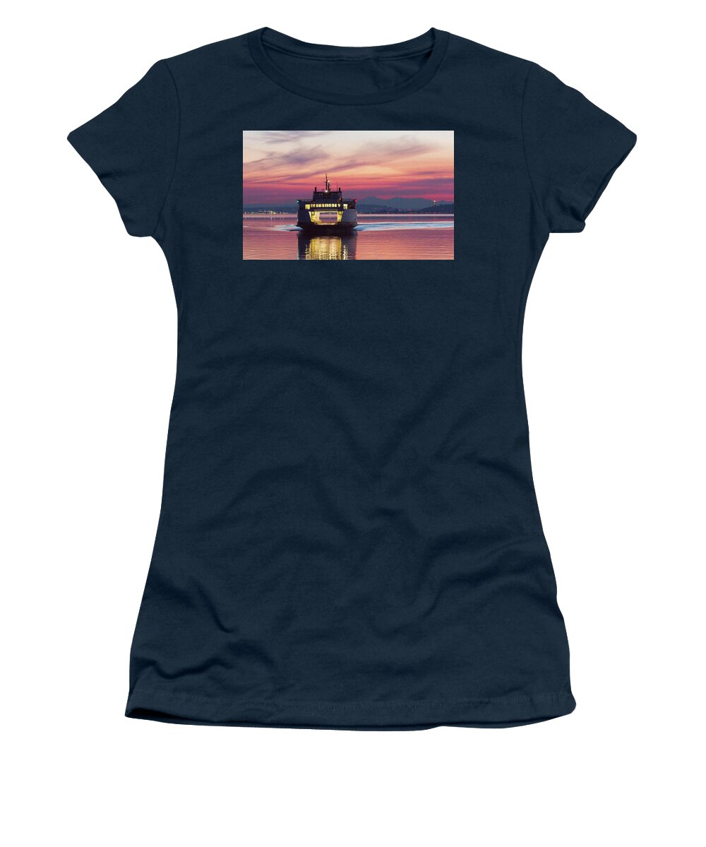 Sunrise Women's T-Shirt featuring the photograph Ferry Issaquah Docking at Dawn by E Faithe Lester