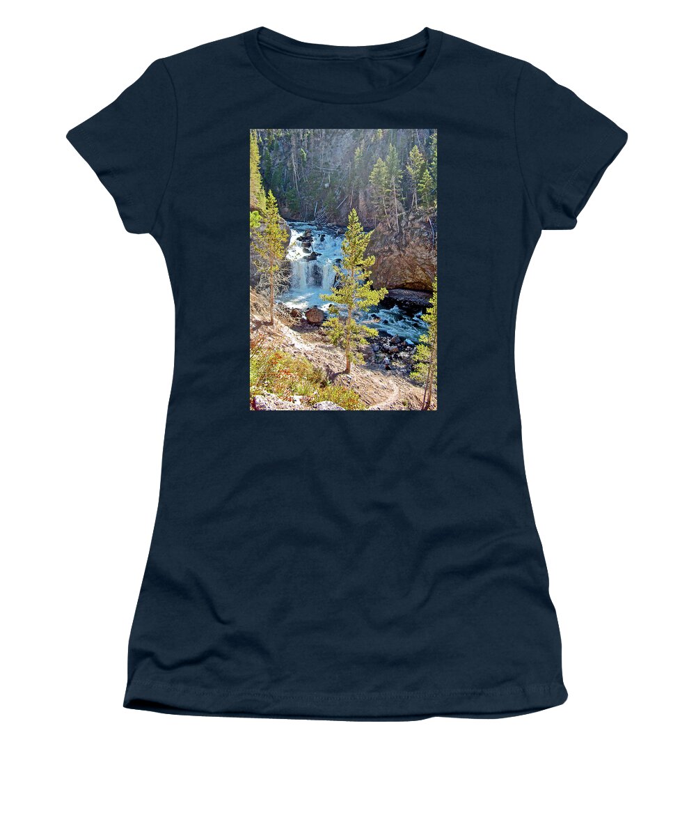 Firehole Canyon Falls In Yellowstone National Park Women's T-Shirt featuring the photograph Firehole Canyon Falls in Yellowstone National Park, Wyoming by Ruth Hager