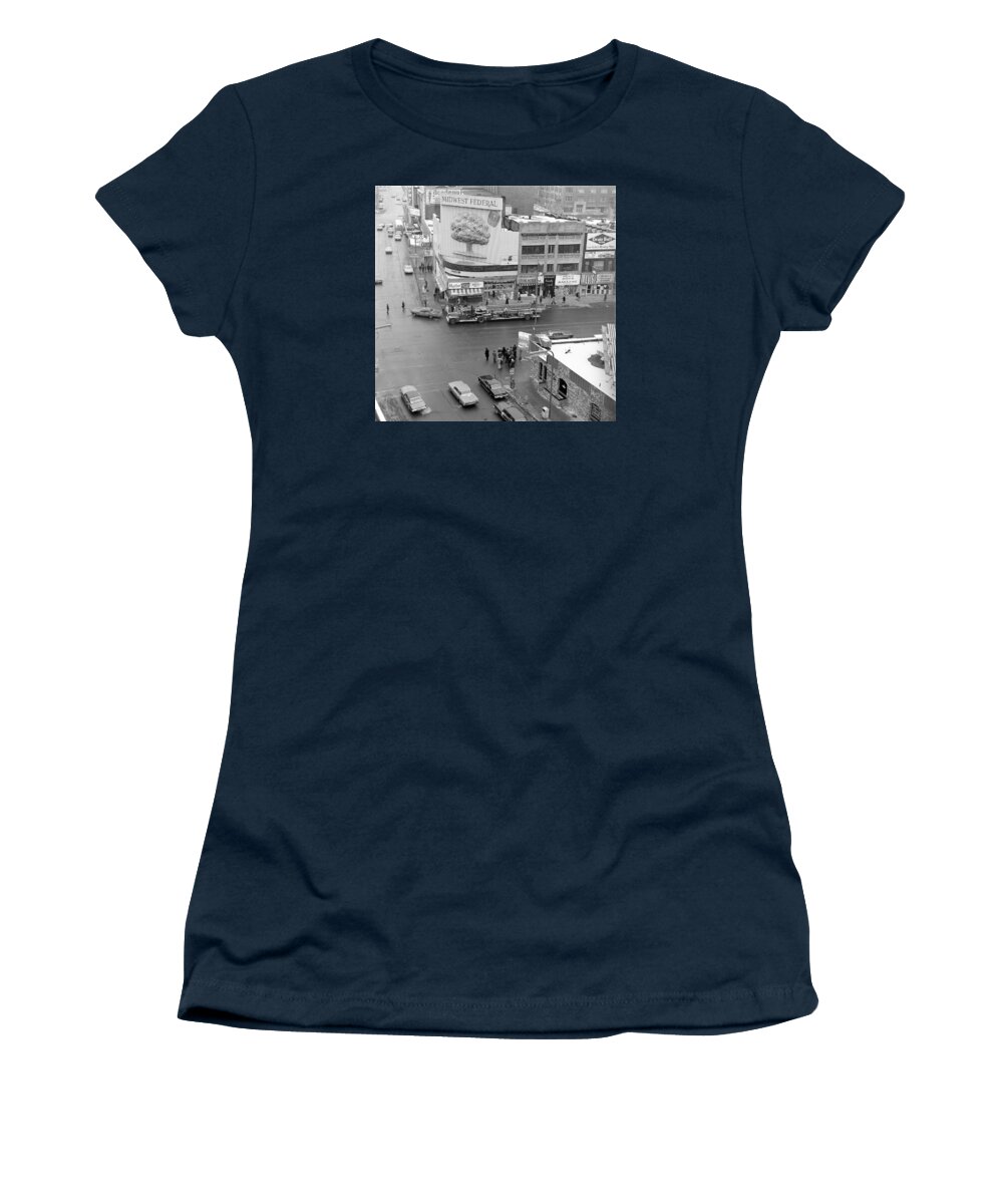 Downtown Minneapolis Women's T-Shirt featuring the photograph Firetruck heads down Hennepin by Mike Evangelist