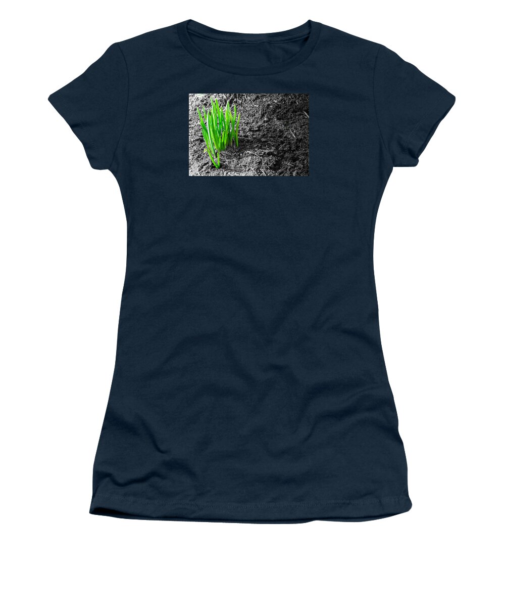 Green Spring Women's T-Shirt featuring the photograph First Green Shoots of Spring and Dirt by John Williams