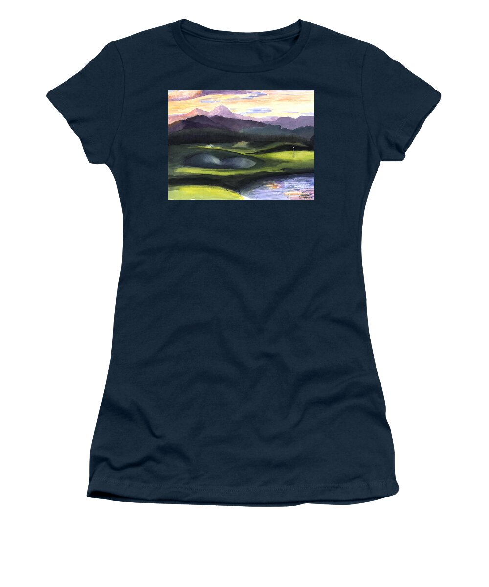 Golf Course Women's T-Shirt featuring the painting First on the Course by Maria Hunt