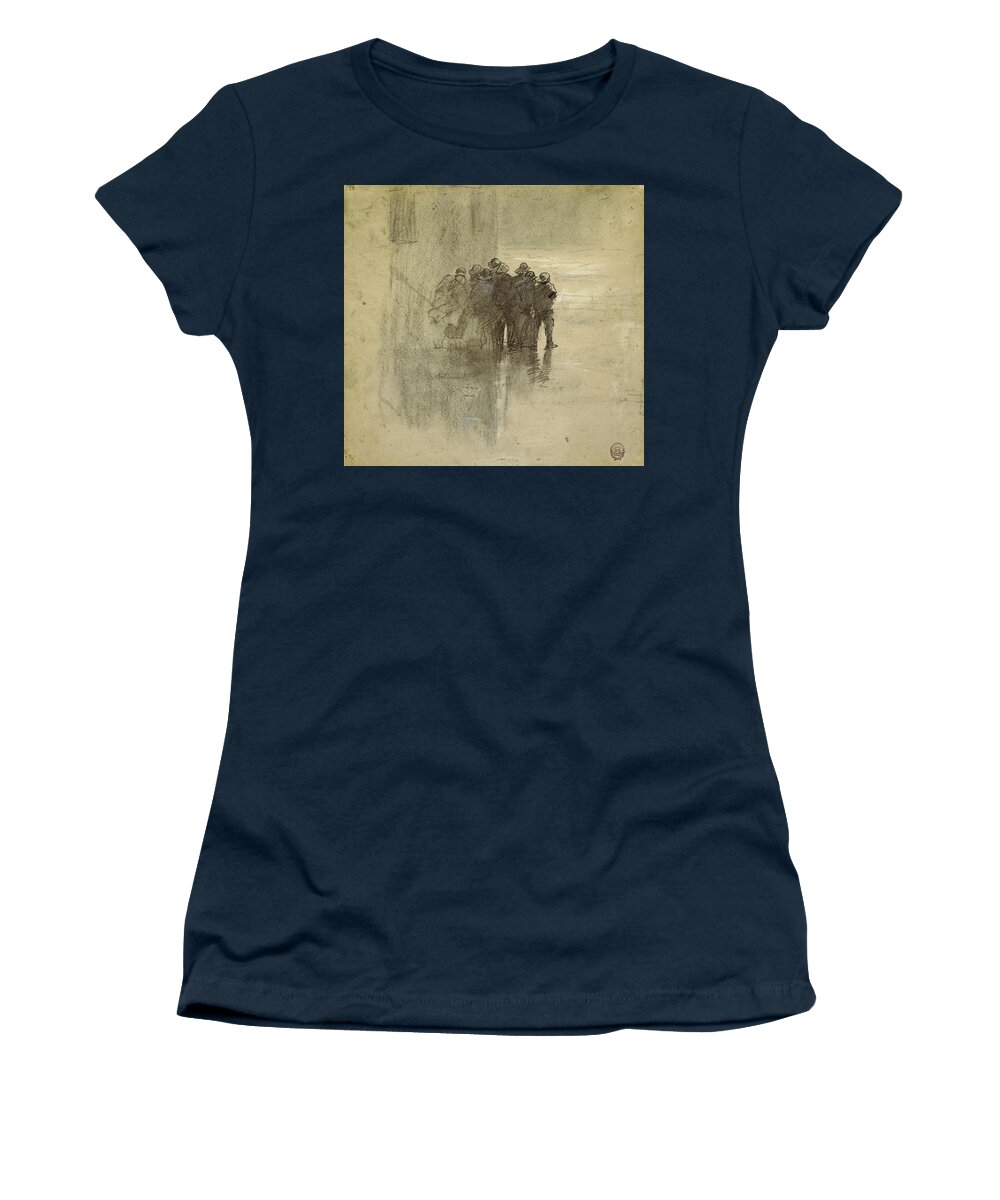 Winslow Homer Women's T-Shirt featuring the drawing Fishermen in Oilskins, Cullercoats, England, 1881 by Winslow Homer