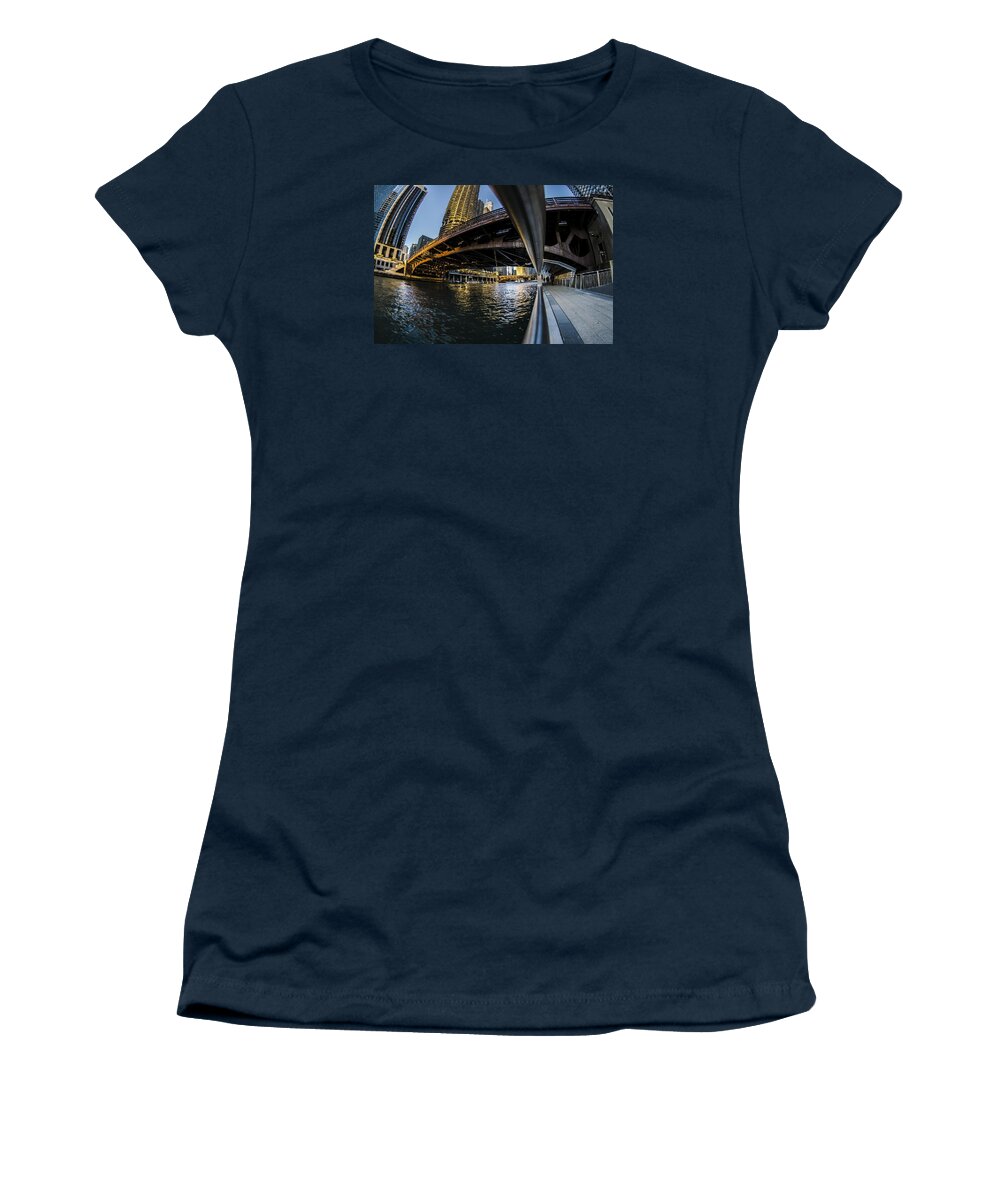 Marina Towers Women's T-Shirt featuring the photograph Fisheye view from The Chicago Riverwalk by Sven Brogren