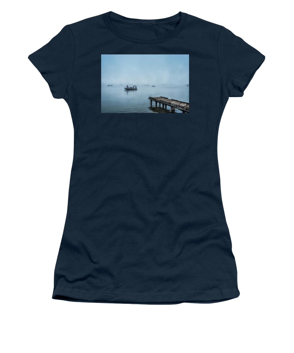Fishing Women's T-Shirt featuring the photograph Fishing in the Fog Summersville Lake by Thomas R Fletcher