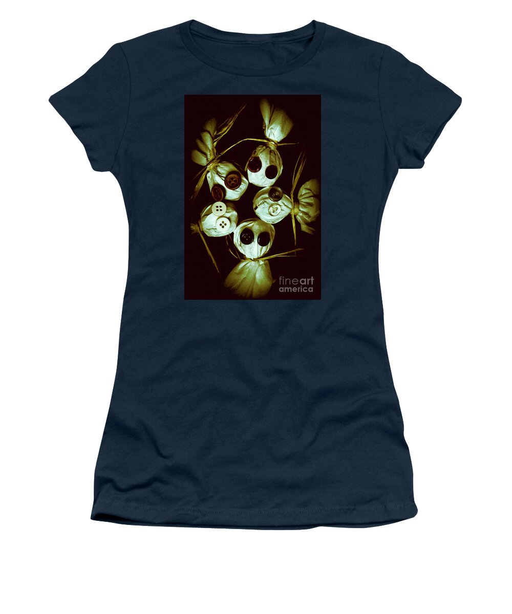 Horror Women's T-Shirt featuring the photograph Five Halloween dolls with button eyes by Jorgo Photography