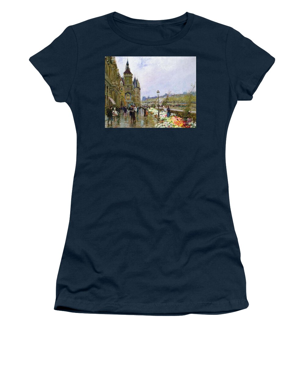Flower Sellers By The Seine Women's T-Shirt featuring the painting Flower Sellers by the Seine by Georges Stein
