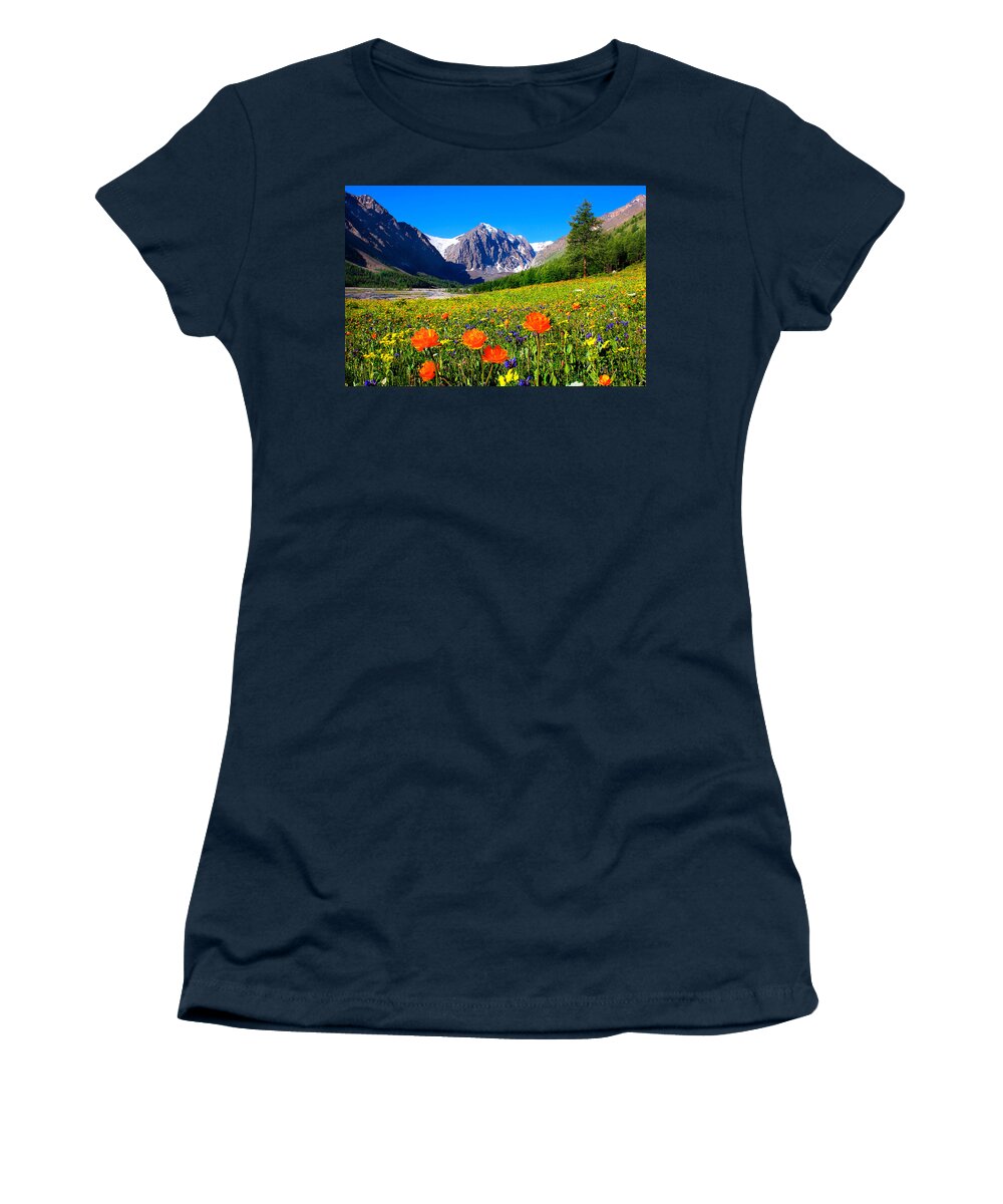 Russian Artists New Wave Women's T-Shirt featuring the photograph Flowering Valley. Mountain Karatash by Victor Kovchin