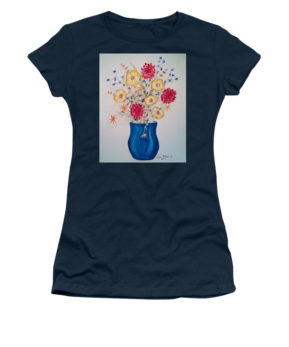 Floral Women's T-Shirt featuring the painting Flowers in blue vase 2 by Susan Nielsen