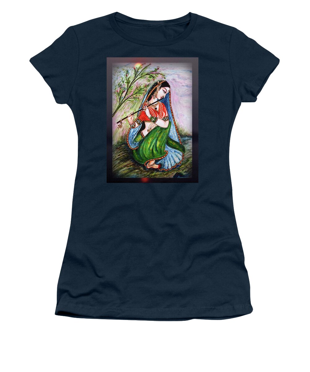 Radha Women's T-Shirt featuring the painting Flute playing in - Krishna Devotion by Harsh Malik