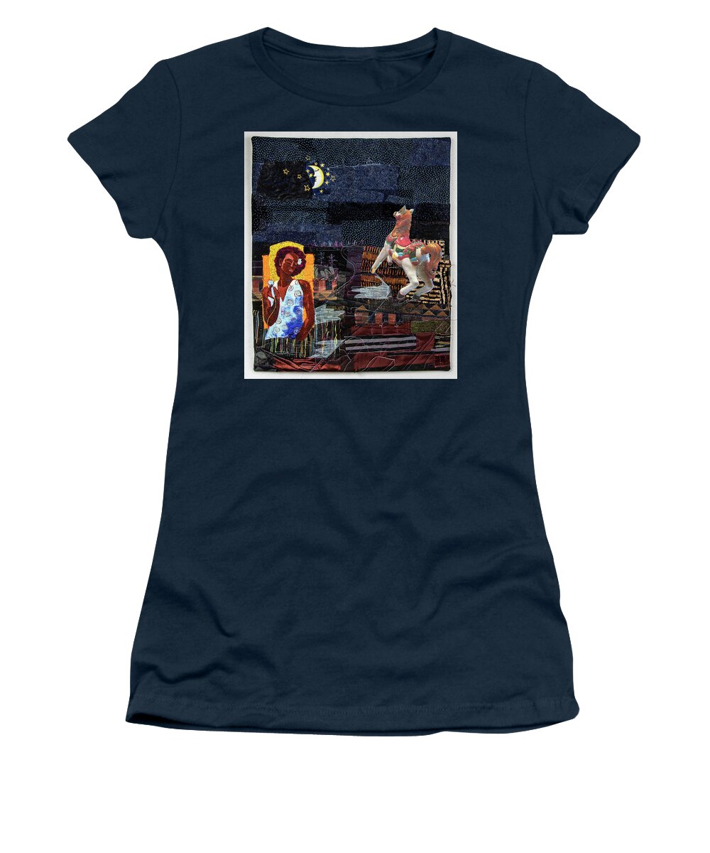 Art Quilt Women's T-Shirt featuring the tapestry - textile Fly Me to the Moon by Martha Ressler