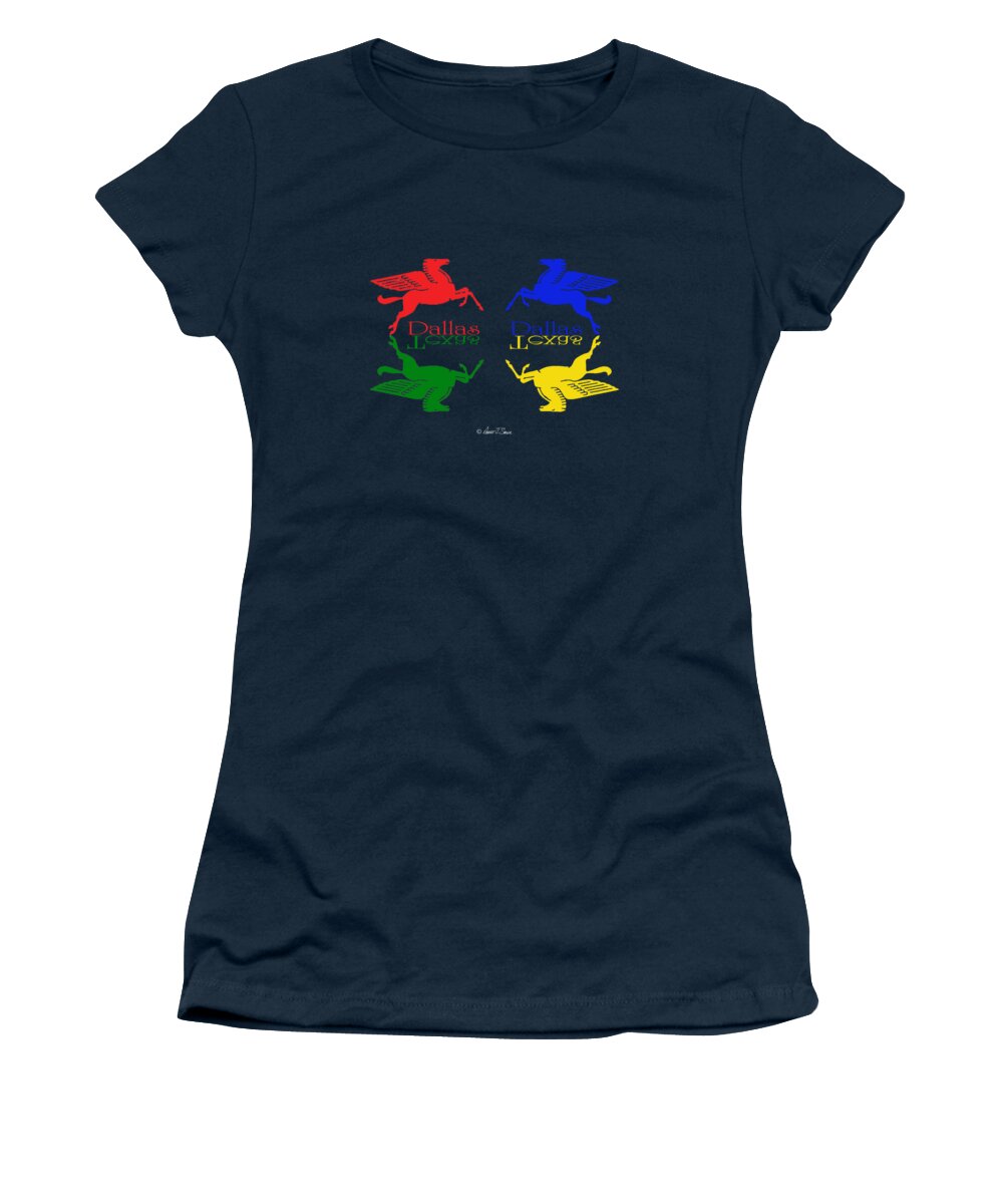  Women's T-Shirt featuring the digital art Flying Red Green Blue Yellow Horse Dallas Texas Reflections by Robert J Sadler