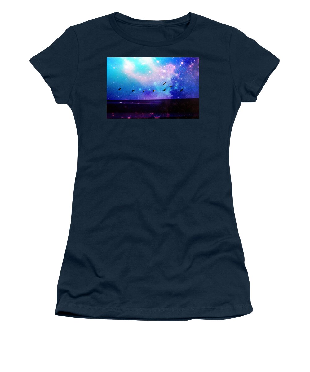 Abstract Women's T-Shirt featuring the mixed media Flying the Galaxy by Stacie Siemsen