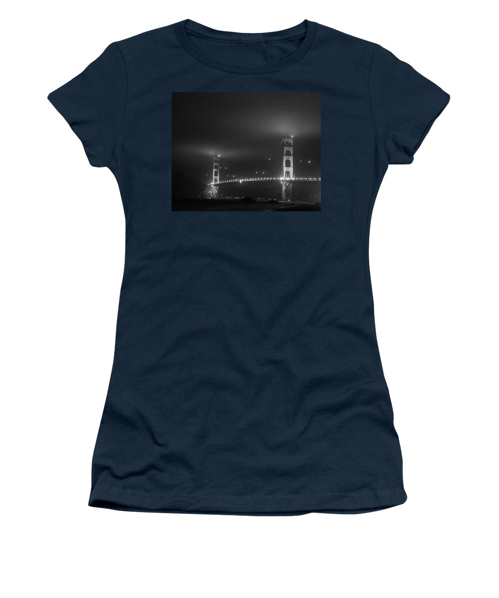 San Francisco Women's T-Shirt featuring the photograph Fog over the Golden Gate Bridge San Francisco CA Black and White by Toby McGuire