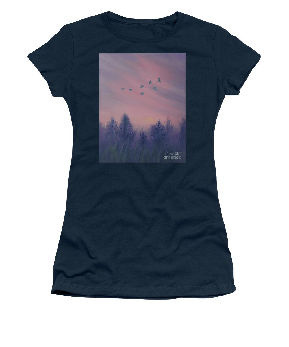 Spring Women's T-Shirt featuring the mixed media Foggy Morning Sunrise on the Garden of the Gods by Yoonhee Ko