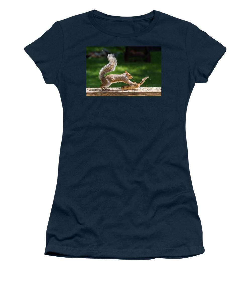 Terry D Photography Women's T-Shirt featuring the photograph Food Fight Squirrel and Chipmunk by Terry DeLuco