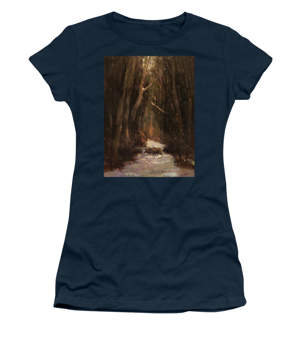 Boar Women's T-Shirt featuring the painting Forest Road with Wild Boars by Attila Meszlenyi