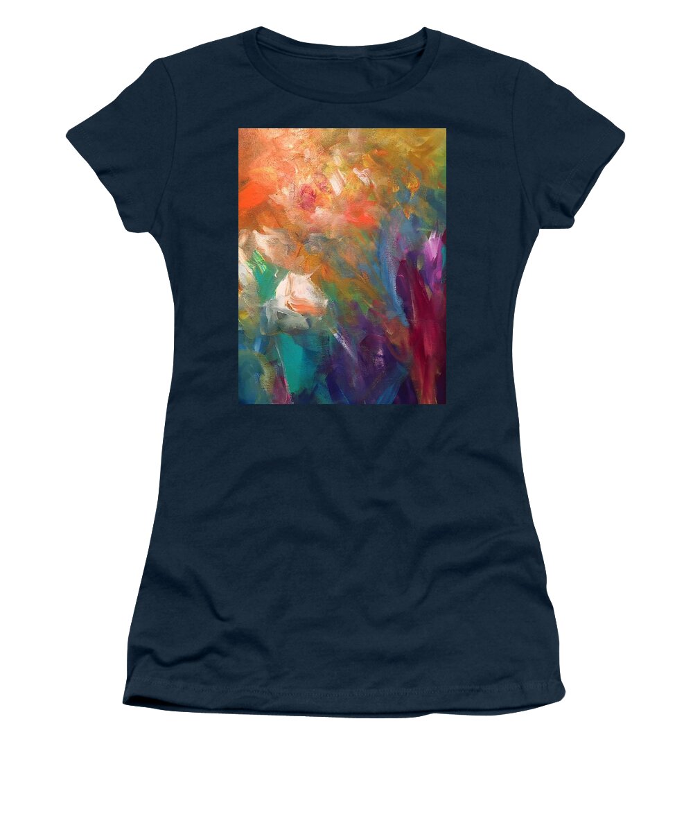 Flowers Floral Garden Contemporary Art Whimsical Fantasy Women's T-Shirt featuring the painting Fragrant breeze by Heather Roddy
