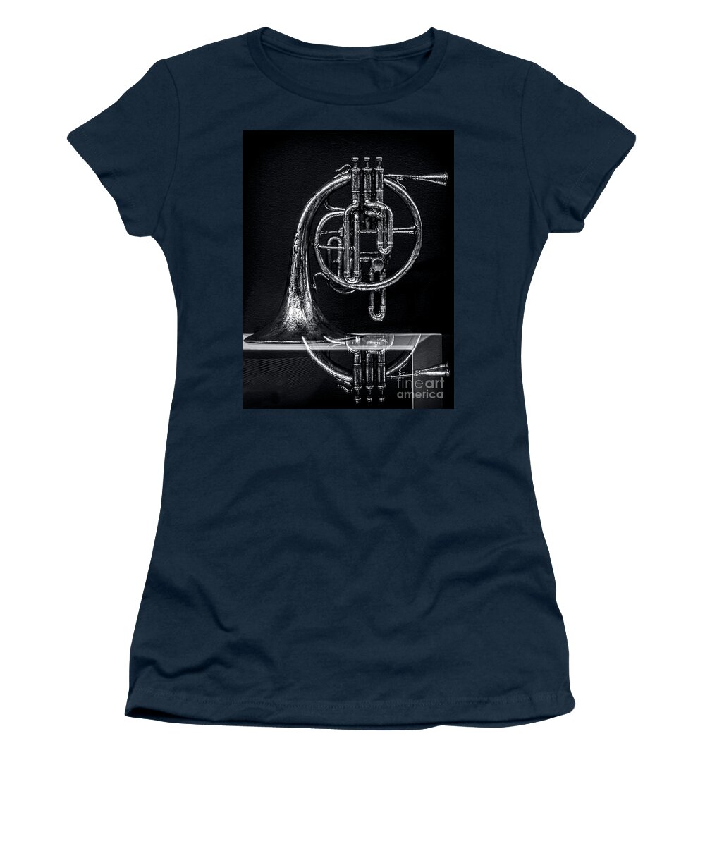 French Horn Women's T-Shirt featuring the photograph French Horn Beyond a Glass Table by James Aiken
