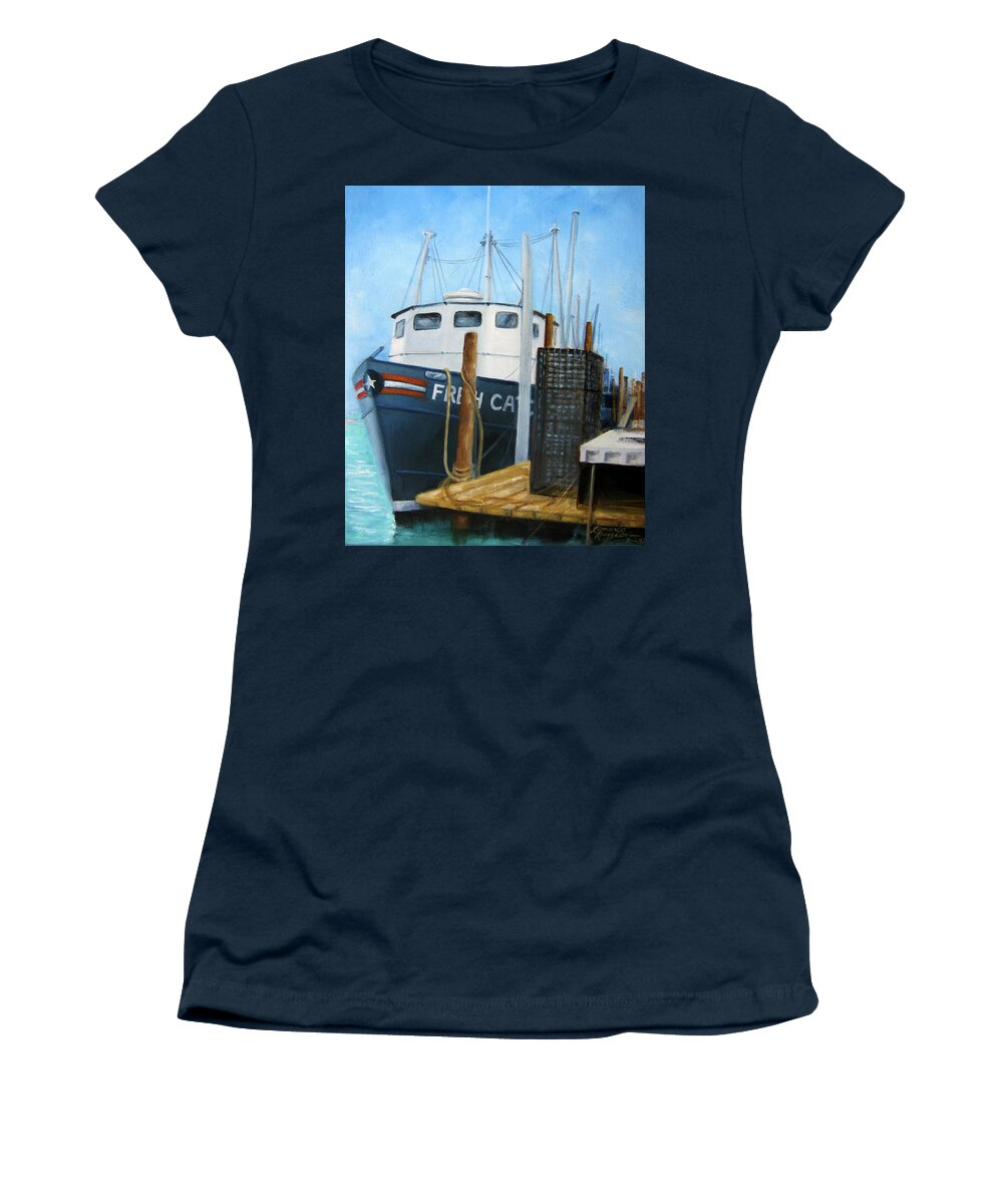 Belford Fishing Port Women's T-Shirt featuring the painting Fresh Catch Fishing Boat by Leonardo Ruggieri