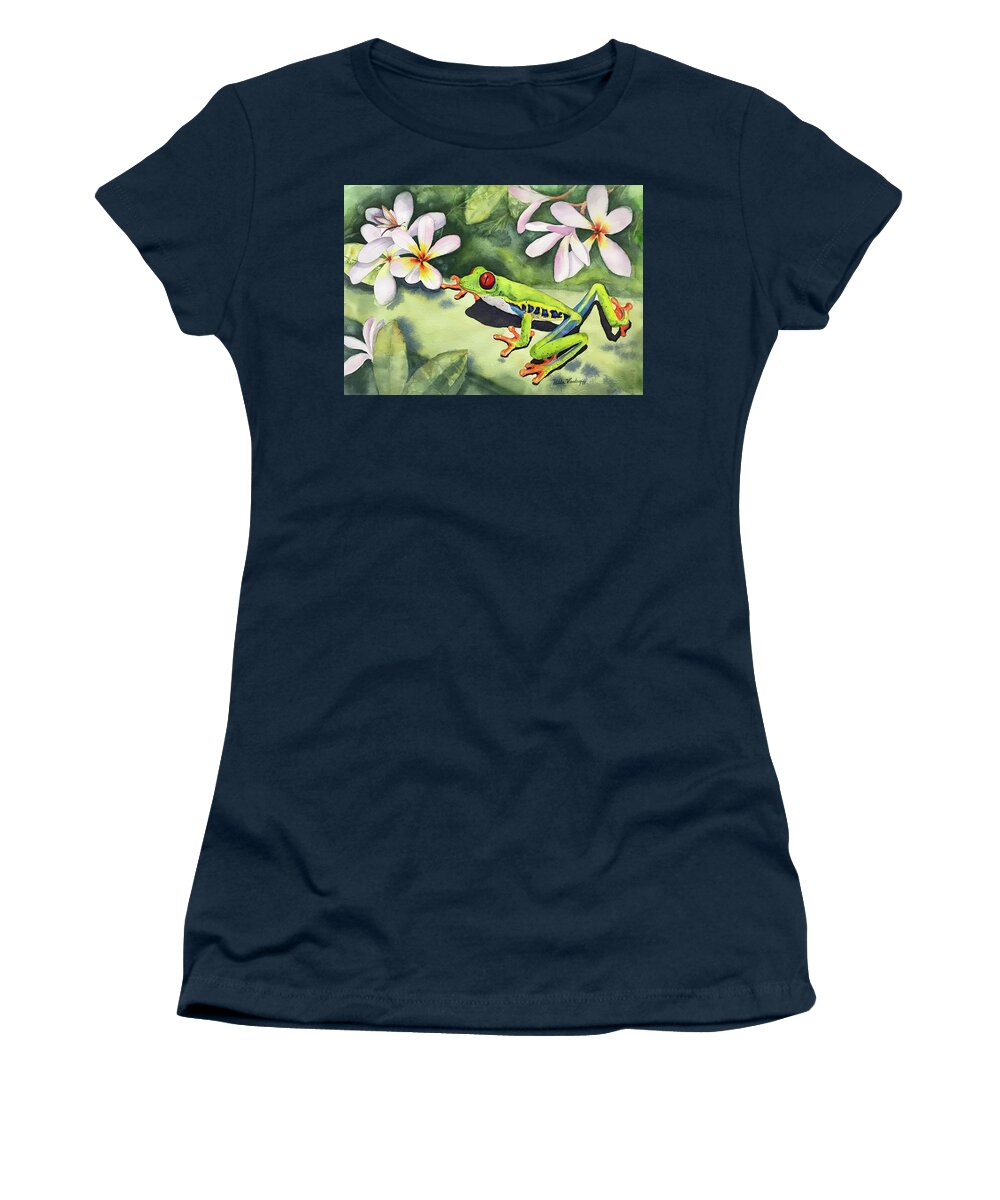 Frog Women's T-Shirt featuring the painting Frog and Plumerias by Hilda Vandergriff