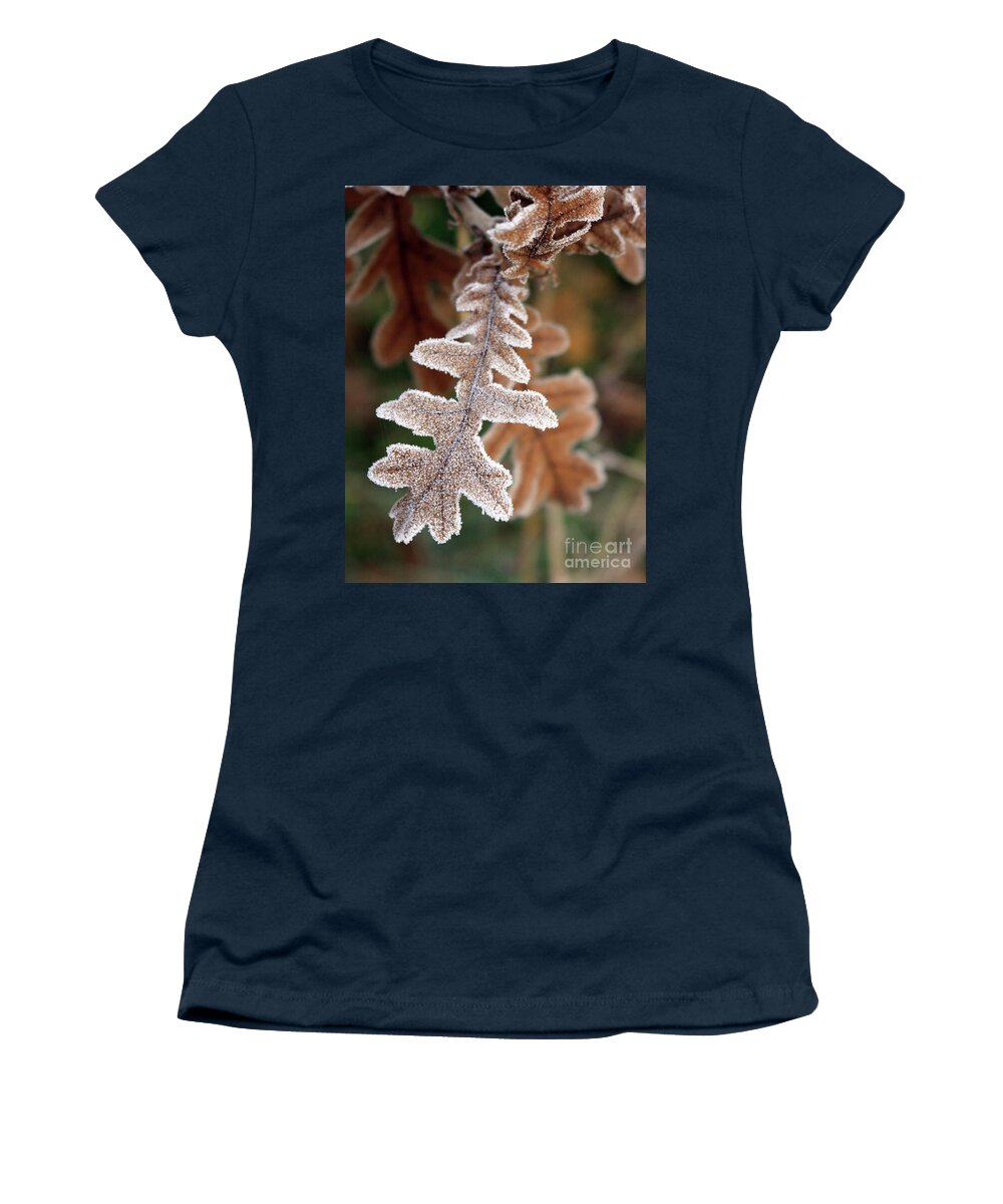 Frost Covered Oak Leaf Women's T-Shirt featuring the photograph Frost covered oak leaf by Julia Gavin