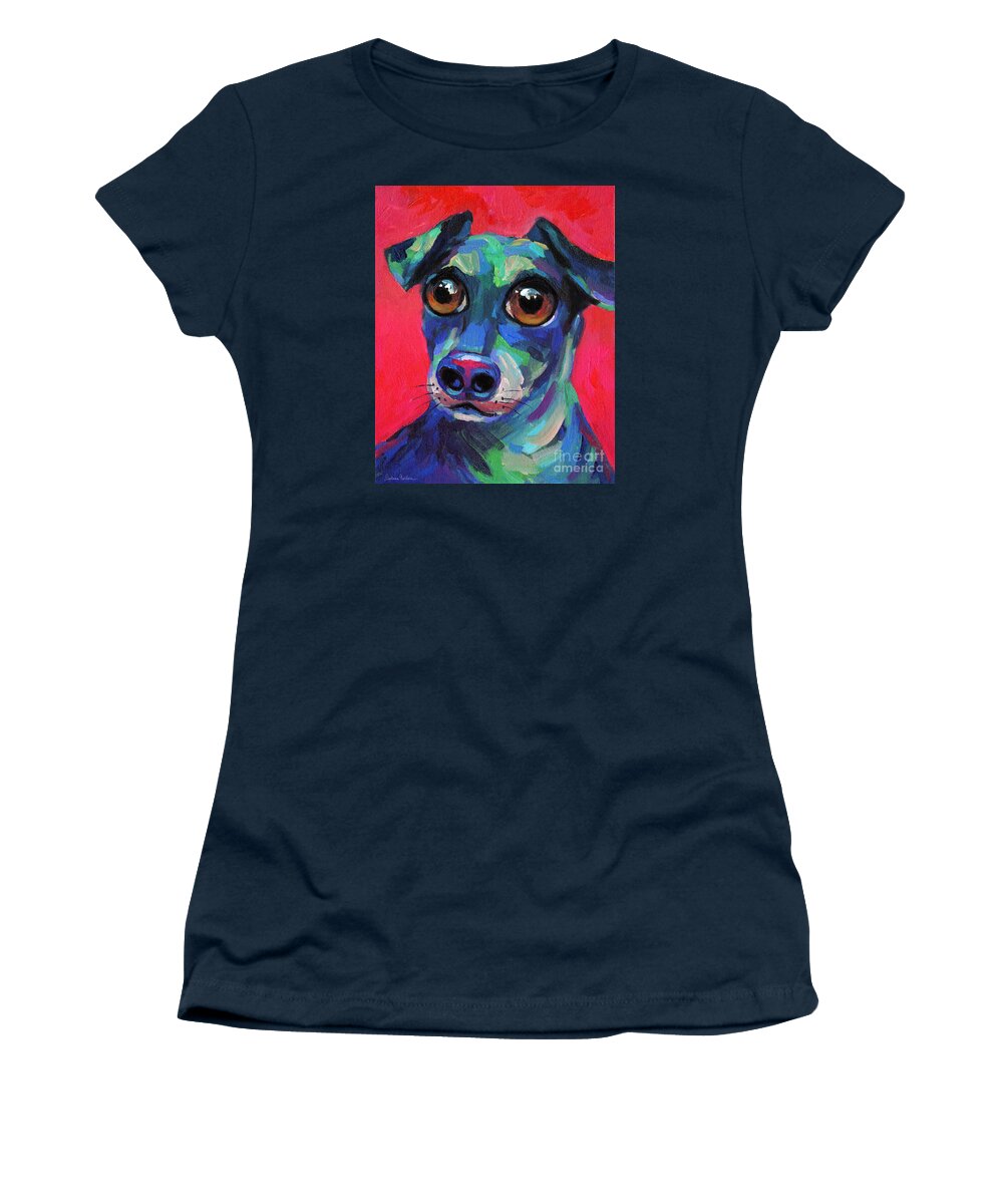 Weiner Dog Women's T-Shirt featuring the painting Funny dachshund weiner dog with intense eyes by Svetlana Novikova