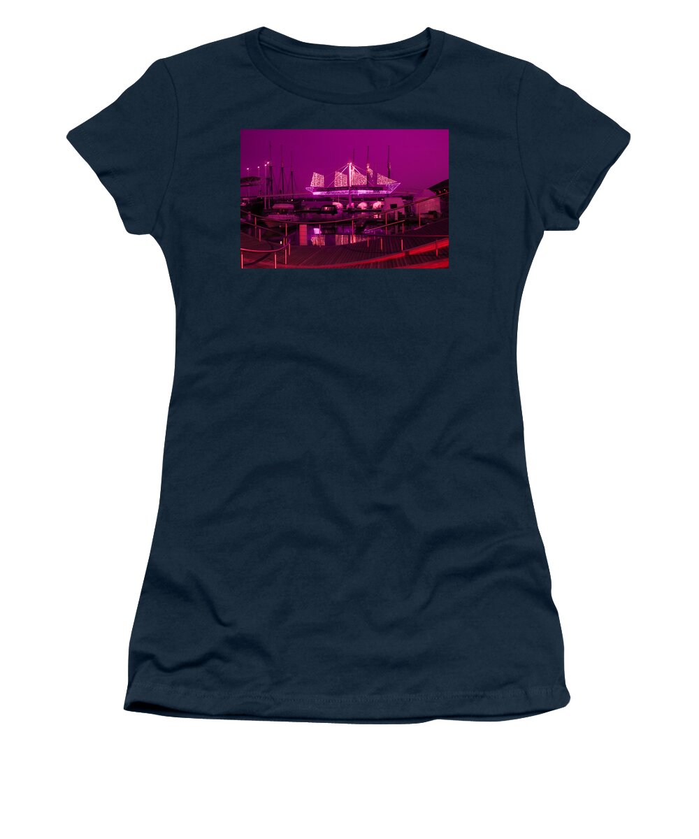Boardwalks Women's T-Shirt featuring the photograph Fuscia Dock Perspective by Ee Photography