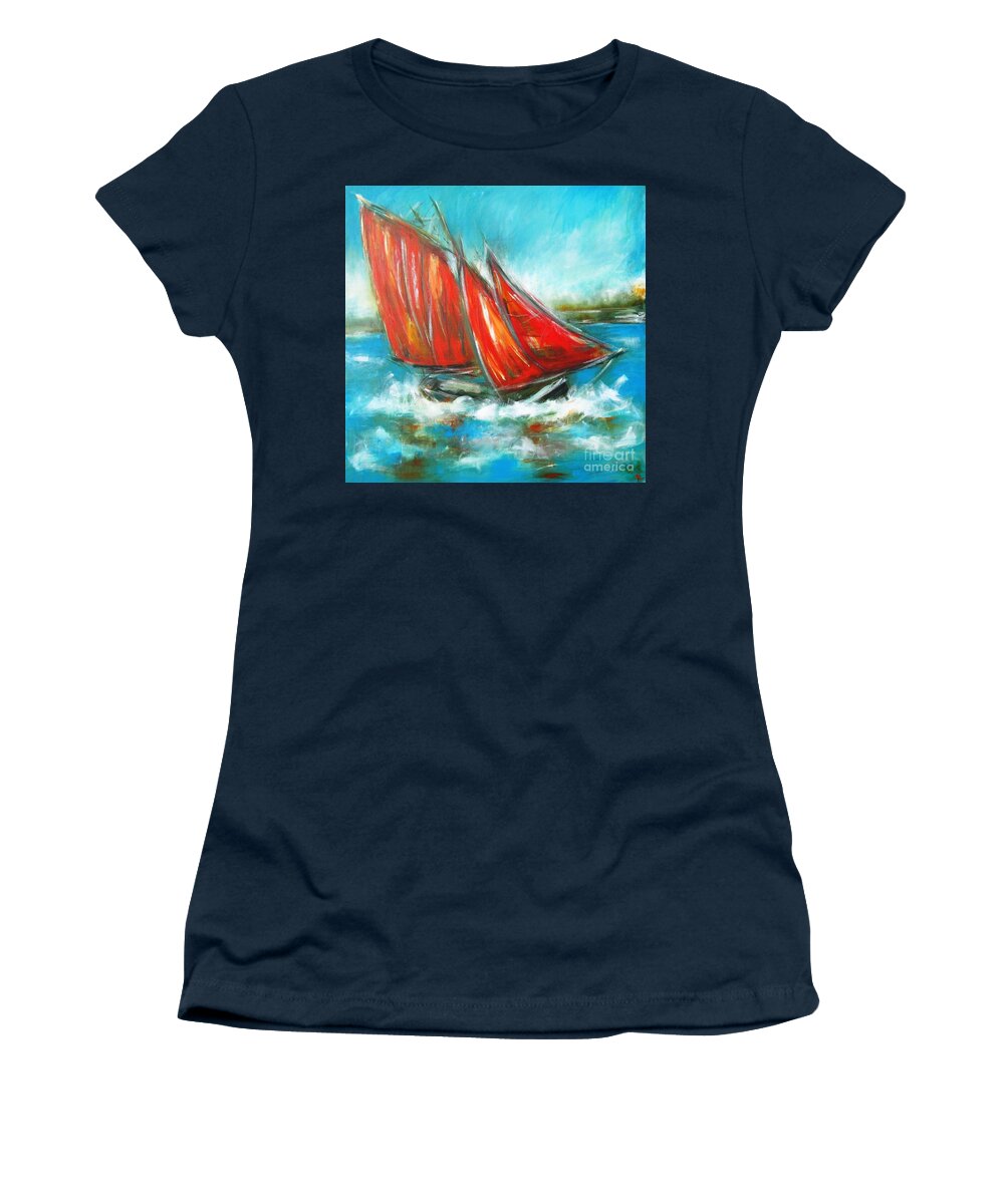 Galway Hooker Women's T-Shirt featuring the painting Paintings of Galway hooker on galway bay - see www.pxi-art.com by Mary Cahalan Lee - aka PIXI