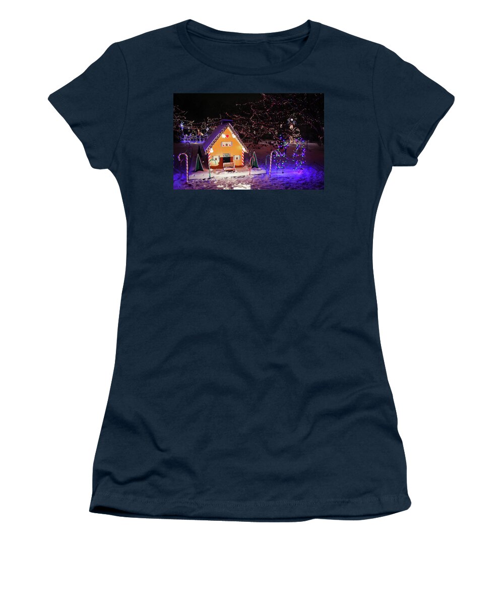 Christmas Lights Women's T-Shirt featuring the photograph Gingerbread House at Lilacia Park by Joni Eskridge