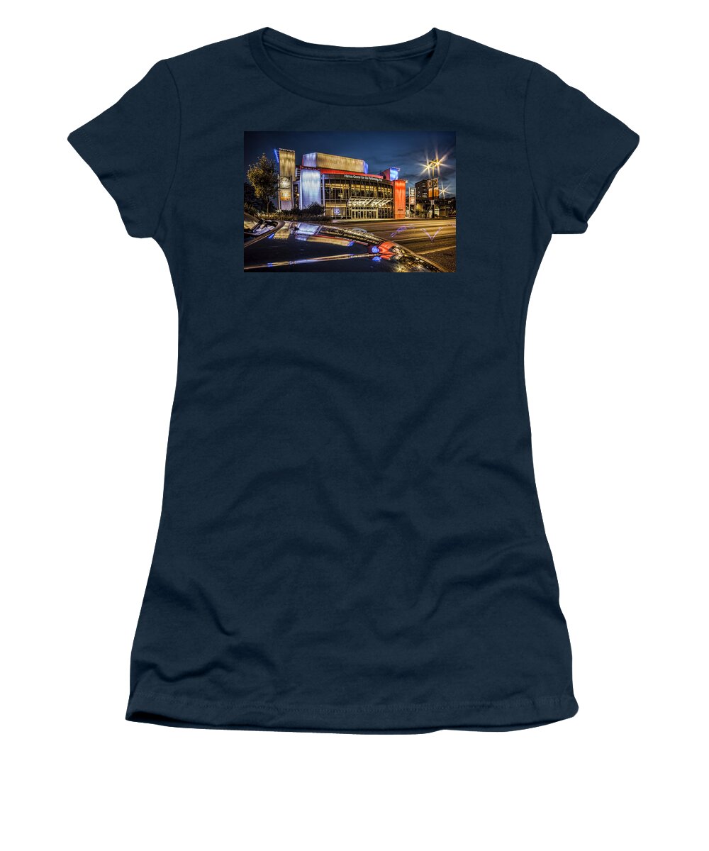 Marcus Center For Performing Arts Women's T-Shirt featuring the photograph Glamorous looking performing arts center in Milwaukee with reflection at dusk by Sven Brogren