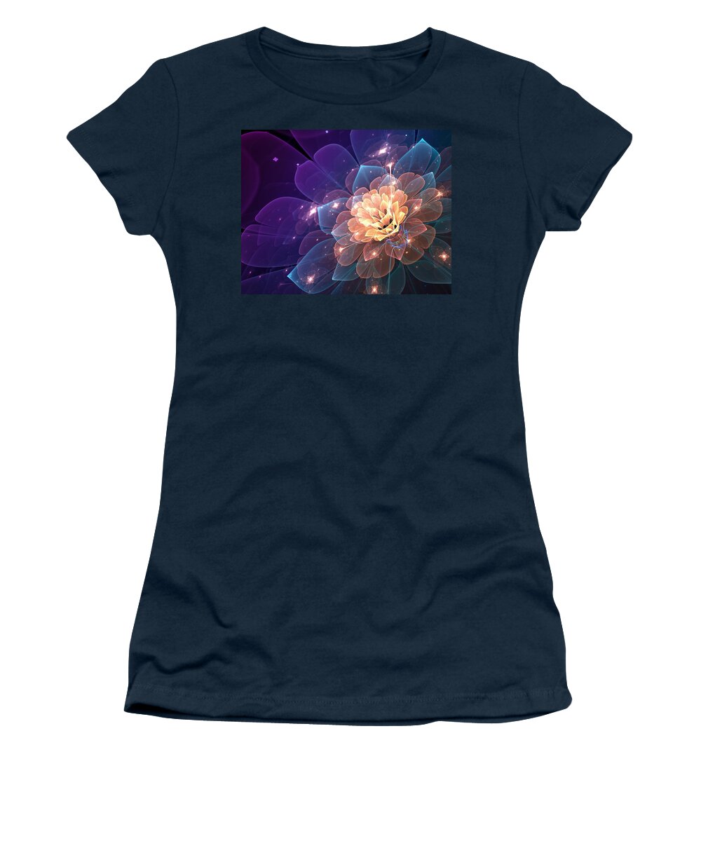 Glowing Women's T-Shirt featuring the digital art Glowing fractal flower by Lilia S