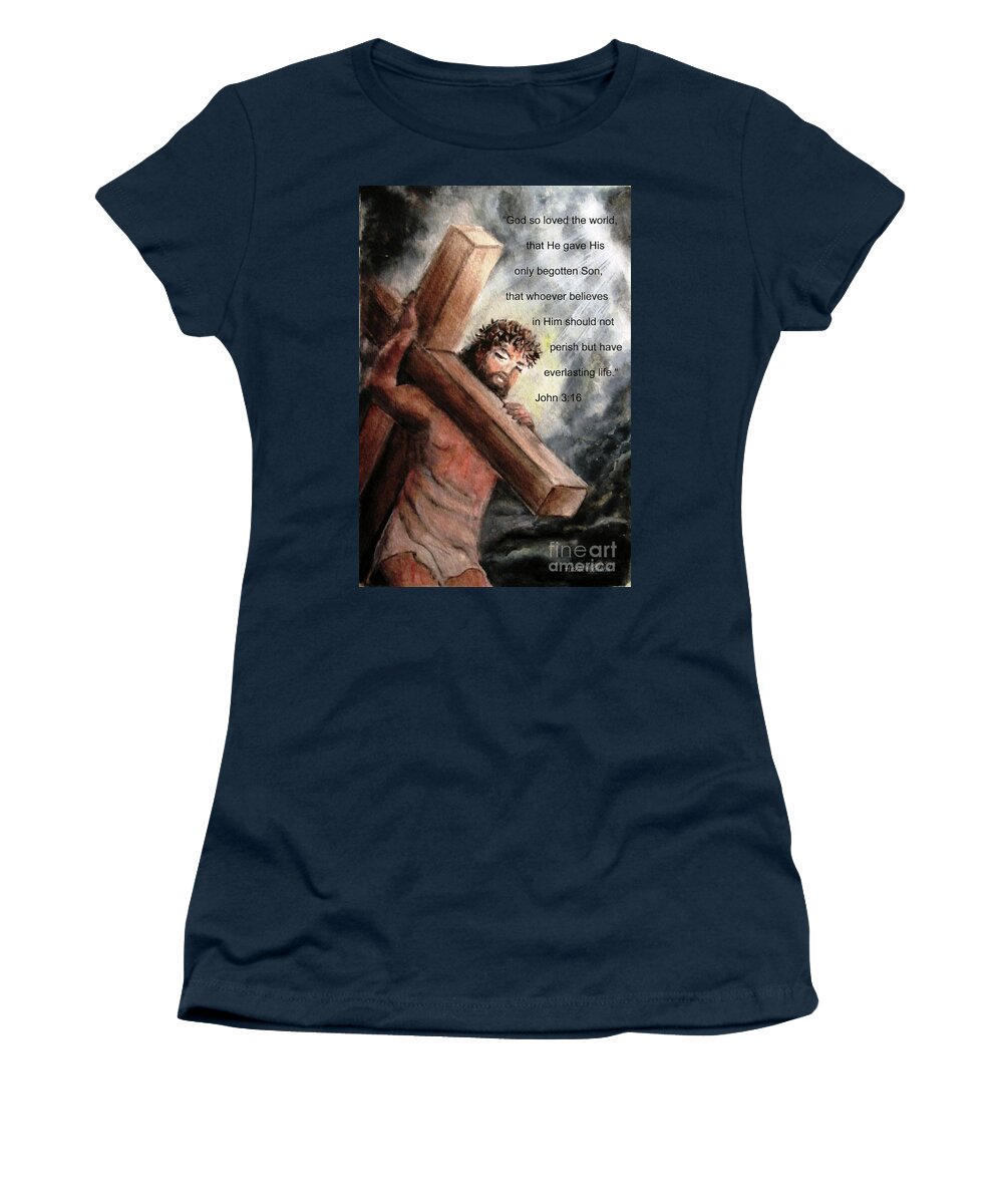 Jesus Christ Women's T-Shirt featuring the painting God So Loved The World by Hazel Holland