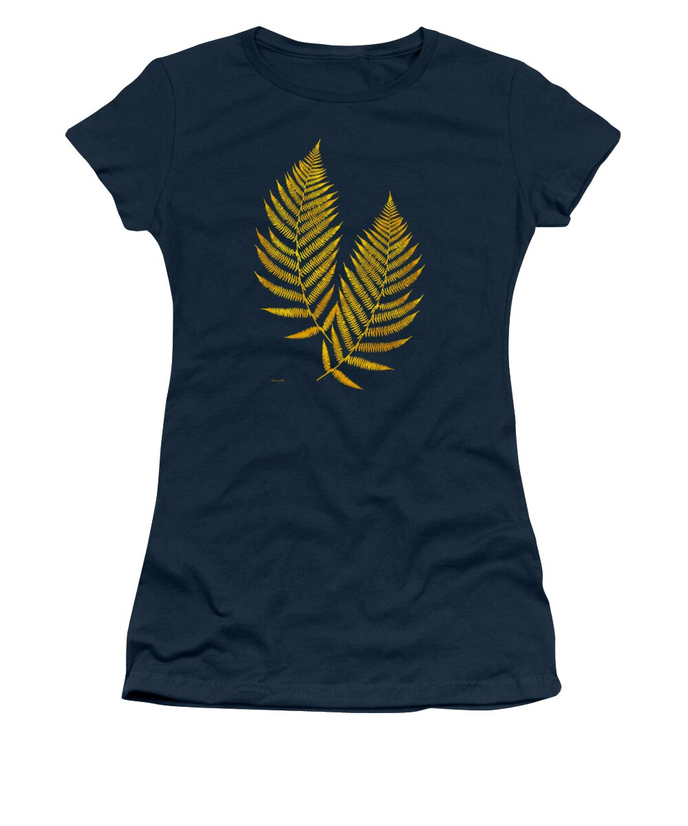 Fern Leaves Women's T-Shirt featuring the mixed media Gold Fern Leaf Art by Christina Rollo
