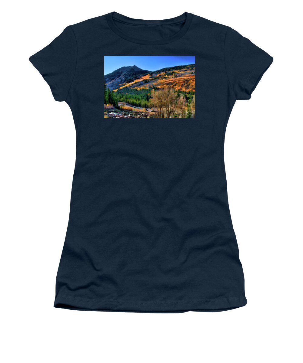  Gold Women's T-Shirt featuring the digital art Gold in the Rockies by Charles Muhle