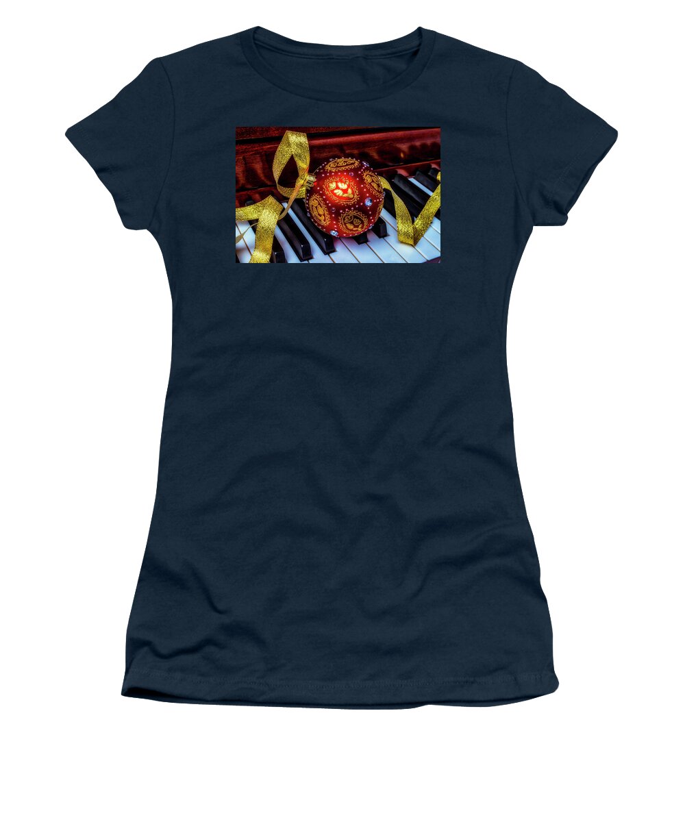 Christmas Women's T-Shirt featuring the photograph Gold Ribbon And Ornament by Garry Gay