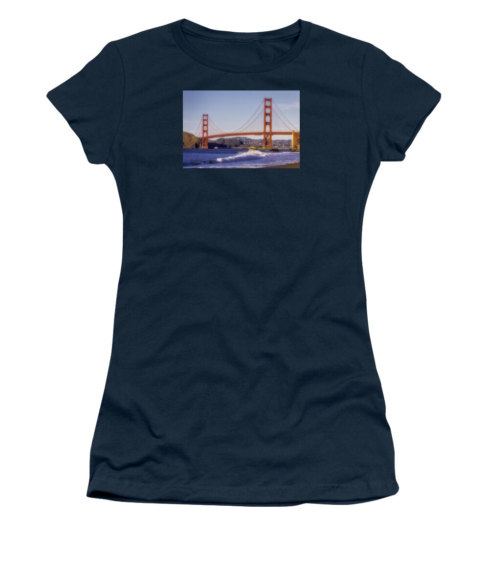 Golden Gate Bridge Tower Blue Sky Women's T-Shirt featuring the photograph Golden Gate Bridge Dusk by Garry Gay