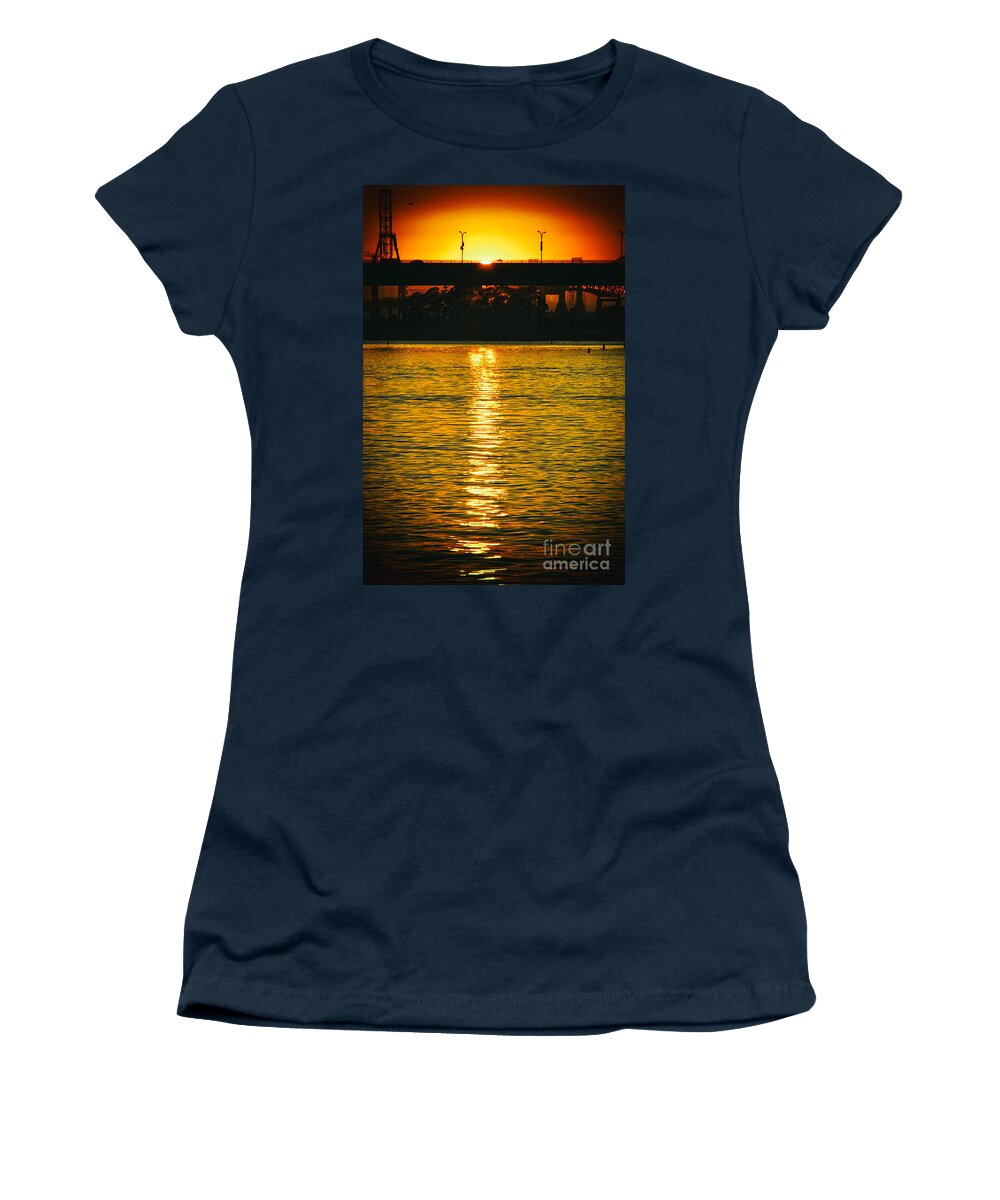 Golden Sunset Behind Bridge Women's T-Shirt featuring the photograph Golden Sunset behind Bridge by Mariola Bitner
