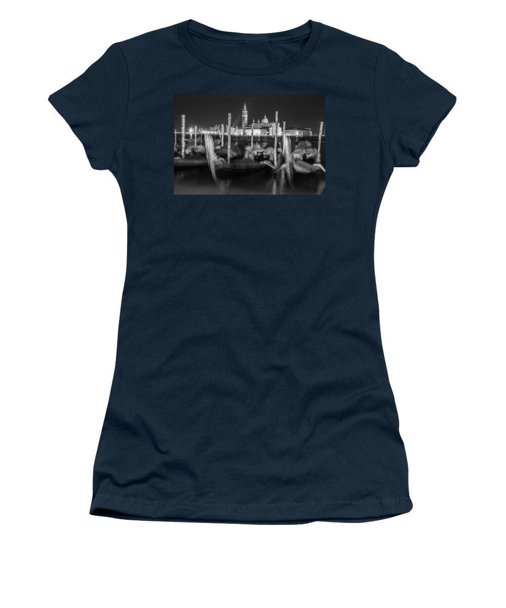 Black And White Photography Women's T-Shirt featuring the photograph Gondolas in Venice Italy at Night by John McGraw