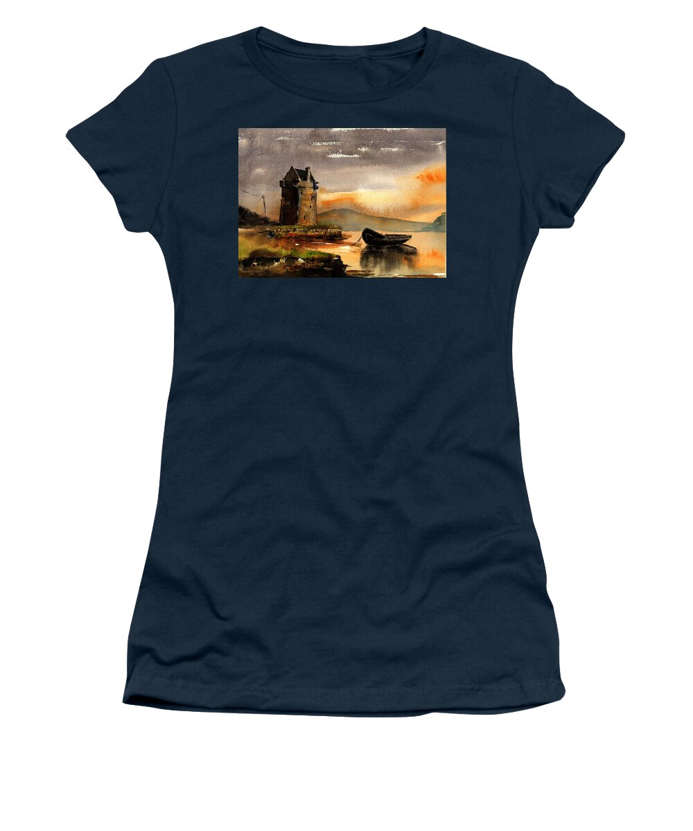  Wild Atlantic Way Women's T-Shirt featuring the painting MAYO.  Grace O' Malley's Castle, Rockfleet. by Val Byrne