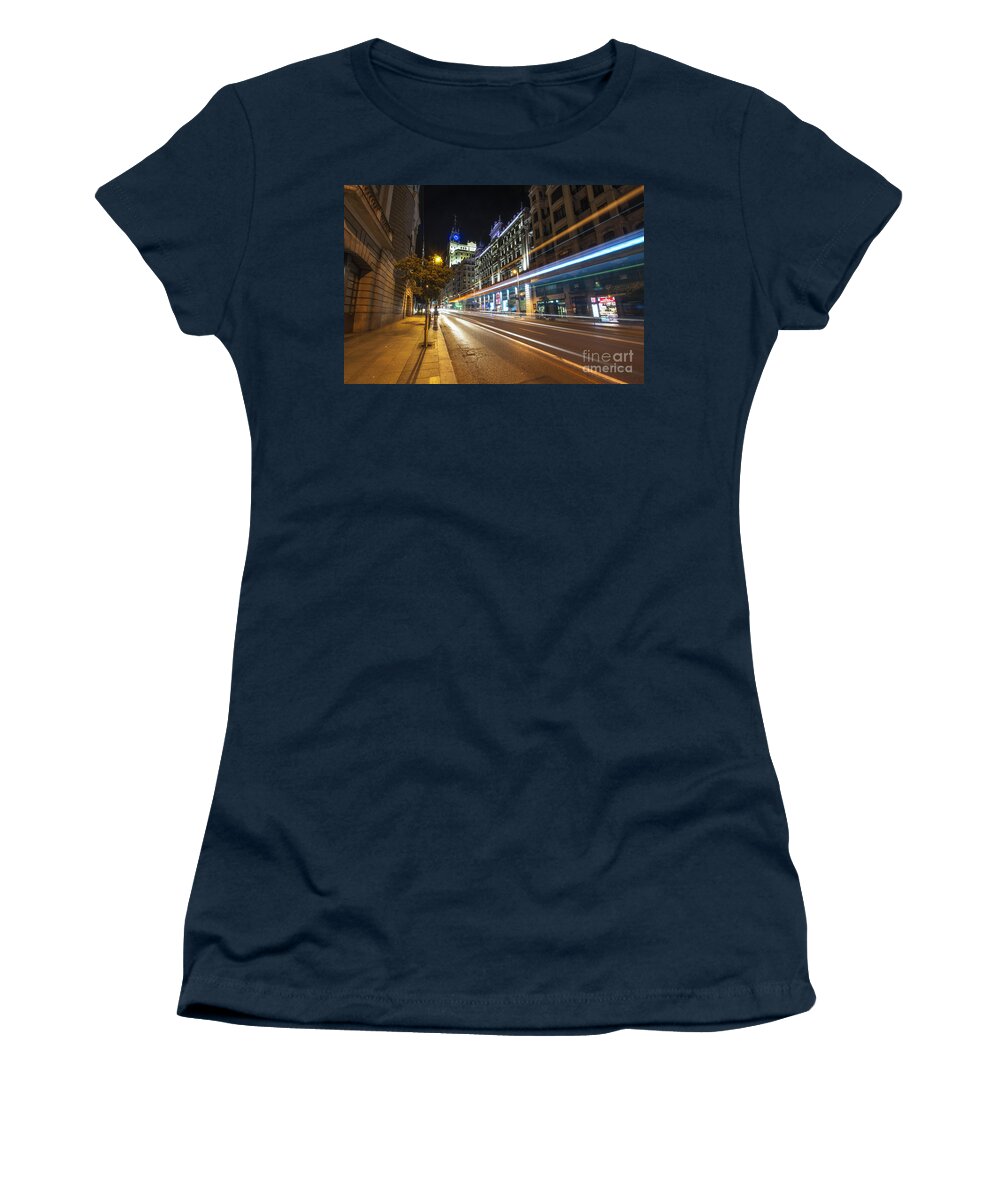 Yhun Suarez Women's T-Shirt featuring the photograph Gran Via Light Trails 1.0 by Yhun Suarez
