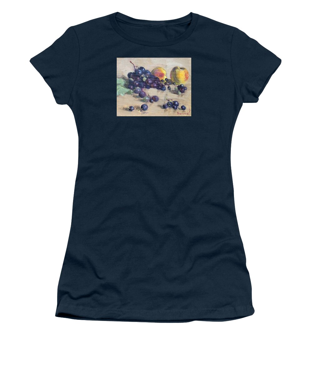 Grape Women's T-Shirt featuring the painting Grape and Peach by Ylli Haruni